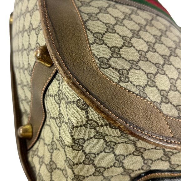 80's GUCCI Brown Supreme Canvas Web Carrier Boston Weekender Bag Made in Italy - Picture 6 of 17